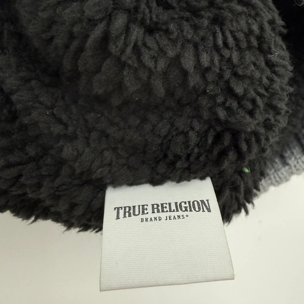 True Religion Beanie Mens One Size Black‎ Grey Colorblock Faux Shearling Lined